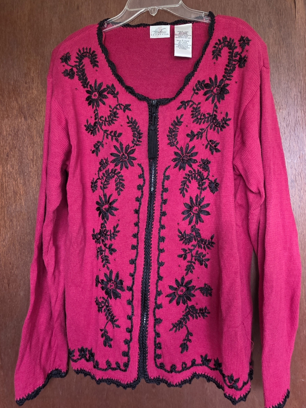 Bright Pink Embroidered Zip-Front Sweater Cardigan